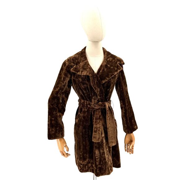 Vintage Jackets & Blazers - Vintage 50s Chocolate Brown Copper Faux Fur Belted Wrap Coat
